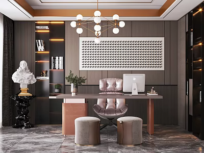 Elegant Modern Study Room Interior Design With Desk Computer Sculpture Green Plant And Chandelier 3d model