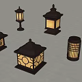 Traditional Chinese Lantern Combination With Dark Brown Frames Various Shapes And Ornate Patterns 3d model