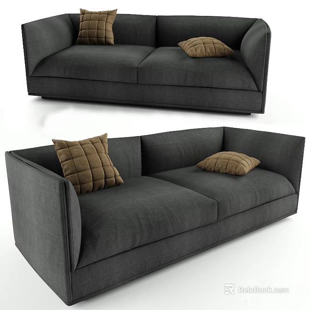 Modern Gray Fabric Two Seater Sofa With Brown Plaid Pattern Cushions 3d model