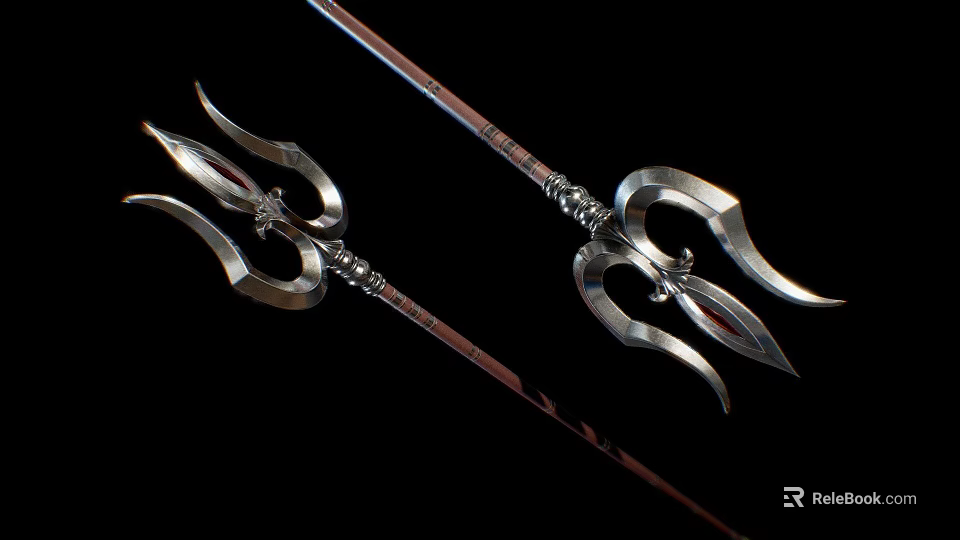 Two Silver Metal Trident Weapons With Intricate Decorations On Black Background 3d model 