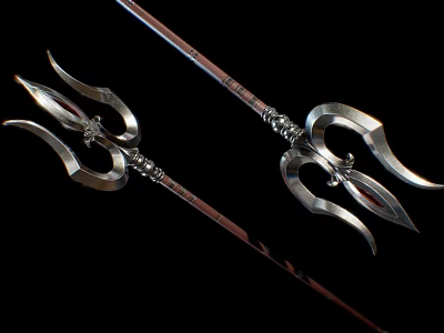 Two Silver Metal Trident Weapons With Intricate Decorations On Black Background 3d model