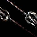 Two Silver Metal Trident Weapons With Intricate Decorations On Black Background 3d model