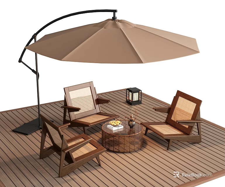 Wooden Outdoor Patio Chairs With Umbrella Round Table And Lantern On Deck 3d model 