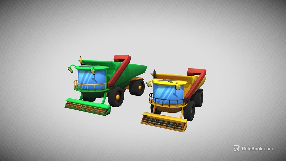 Green And Yellow Agricultural Machinery With Cabin Wheels And Harvesting Parts 3d model 