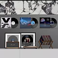 Decorative Ornament Combination with Vinyl Records Framed Artworks Record Player Storage Rack on White Cabinets