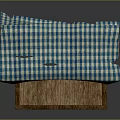 Wooden Outdoor Structure With Blue White Checkered Canopy Curtain And Woven Seat Bench