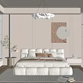 Modern Bedroom Interior With White Bed Pillows Chandelier Circular Art And Blinds