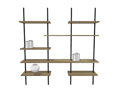 Modern Bookshelf with Wooden Shelves and Black Metal Frames Featuring Books and White Vase 3d model