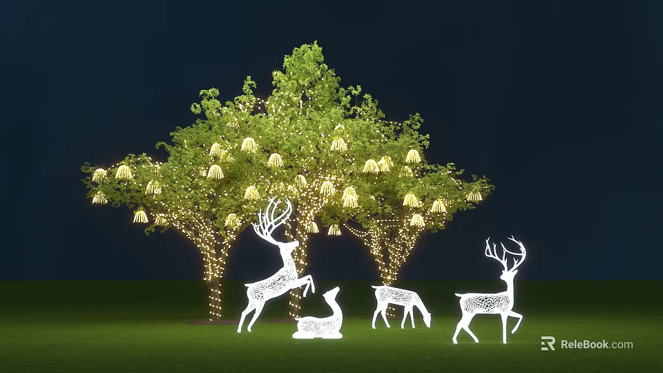 Night Scene Featuring Decorated Tree With Yellow Lanterns And White Deer Silhouettes On Green Grass 3d model 