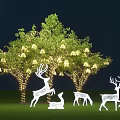 Night Scene Featuring Decorated Tree With Yellow Lanterns And White Deer Silhouettes On Green Grass