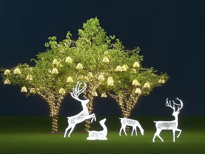 Night Scene Featuring Decorated Tree With Yellow Lanterns And White Deer Silhouettes On Green Grass 3d model