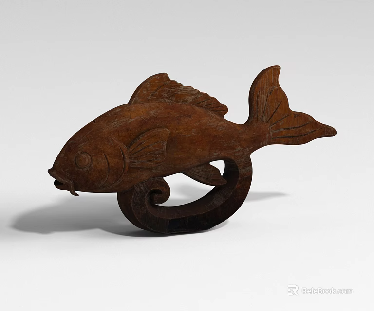 Wooden Fish Shaped Landscape Sculpture With Spiral Base And Carved Details 3d model 