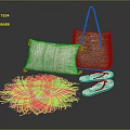 Straw Tote Bag With Decorative Pillow Straw Hat And Flip Flops 3d model