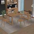 Modern Minimalist Wooden Dining Table and Six Chairs in Bright Interior with Fruit and Plant