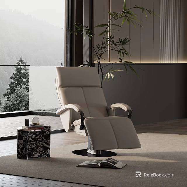 Comfortable Modern Recliner Chair With Black Marble Side Table Green Plant And Scenic Mountain View 3d model 