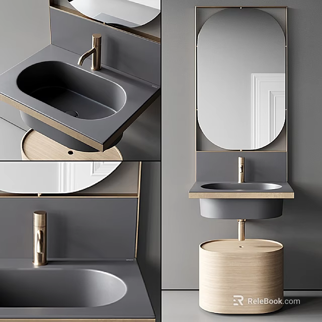 Modern Washbasin Design With Gray Countertop Gold Faucet And Round Mirror 3d model 