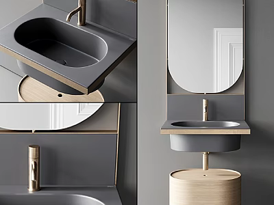 Modern Washbasin Design With Gray Countertop Gold Faucet And Round Mirror 3d model