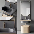 Modern Washbasin Design With Gray Countertop Gold Faucet And Round Mirror