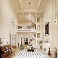 Spacious Duplex Living Room Interior With Double Height Ceiling Chandelier And Large Windows Fireplace