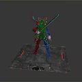 Cyber Warrior In Armored Suit With Glowing Dual Swords On Metallic Platform