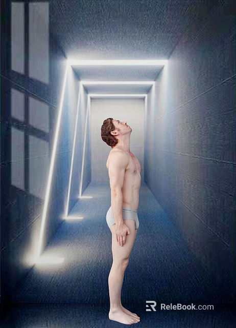 Futuristic Tech Exhibition Hall Corridor With Illuminated Lines Dark Walls And Man Looking Up 3d model 