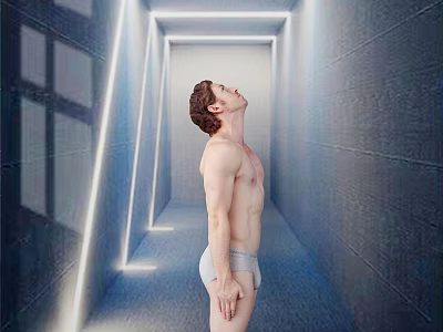 Futuristic Tech Exhibition Hall Corridor With Illuminated Lines Dark Walls And Man Looking Up 3d model