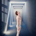 Futuristic Tech Exhibition Hall Corridor With Illuminated Lines Dark Walls And Man Looking Up