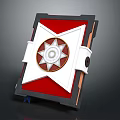 Ornate Decorative Book With Red Background White Star Shaped Emblem Brown Spine And White Straps