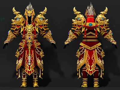 Ornate Red And Gold Armor With Intricate Gold Patterns And Gemstone Accents 3d model