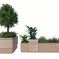 Modern Tree Planter Design With Green Tree Various Plants And Perforated Geometric Details