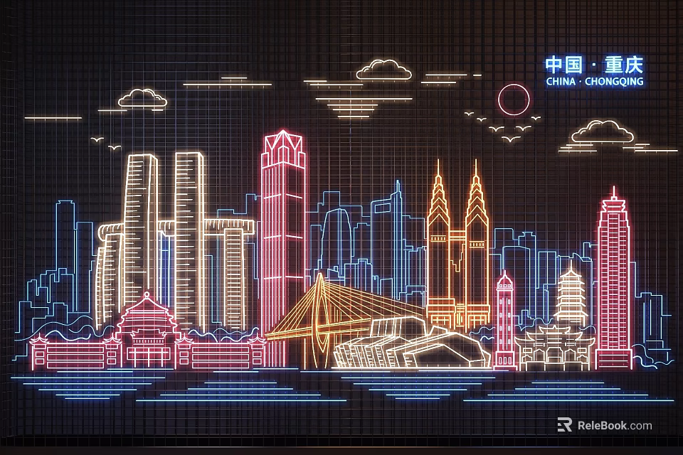 Chongqing China Night View Photo Check in Spot With Neon City Landmark Buildings Skyline 3d model 