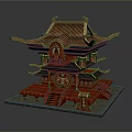 Cartoon scene of Chinese traditional multilayered red building with golden roof decorative stairs and ornaments