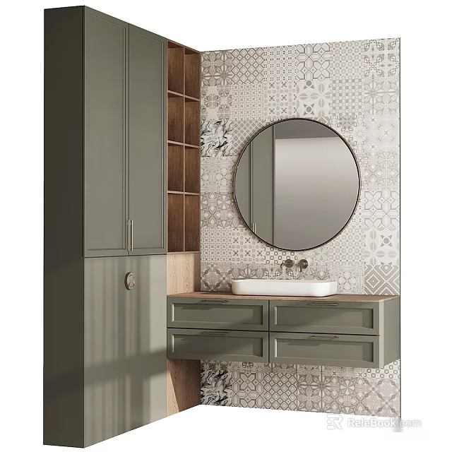 Modern Bathroom Vanity With Round Mirror Grey Cabinets And Patterned Tile Wall 3d model