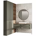 Modern Bathroom Vanity With Round Mirror Grey Cabinets And Patterned Tile Wall 3d model