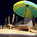 Relaxing Beach Interactive Area With Yellow Green Umbrella Wooden Loungers And Cacti