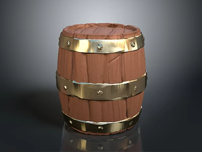 Brown Wooden Barrel With Shiny Metal Hoops And Textured Surface 3d model
