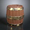 Brown Wooden Barrel With Shiny Metal Hoops And Textured Surface