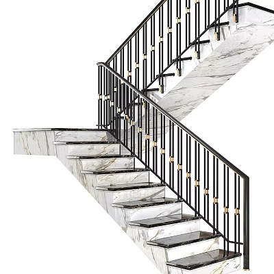 Elegant Modern Interior Staircase with Marble Steps Black Railings and Gold Accents 3d model