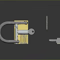Golden Metal Padlock With Silver Shackle And Key On Dark Reflective Background