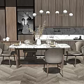 Elegant Modern Dining Table Set With Gray Chairs Marble Tabletop And Pendant Lights 3d model