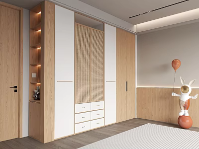 Modern Wooden White Wardrobe With Slatted Doors Drawers And Open Shelves 3d model