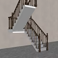 Modern Staircase Design With White Steps And Brown Railings Against Gray Wall