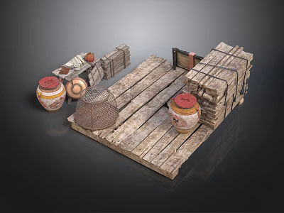 Rustic Wooden Platform Scene With Crates Clay Jars And Wire Mesh Basket 3d model