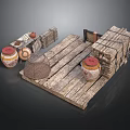 Rustic Wooden Platform Scene With Crates Clay Jars And Wire Mesh Basket