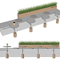 Modern Landscape Seating With Concrete Bench Grass Planter And Round Wooden Leg Seats
