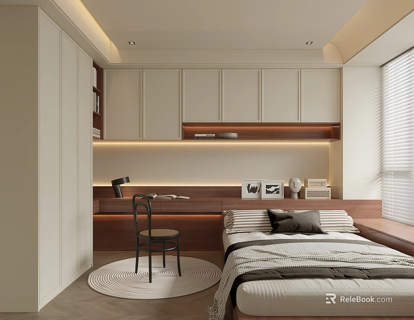 Modern Tatami Bedroom Interior With Tatami Bed Desk Chair And Storage Cabinets 3d model 