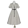 Beige Polka Dot Short Sleeve Dress with Button Collar Black Belt and A-line Skirt Design