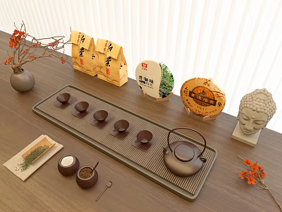 Traditional Chinese Tea Set with Teapot Cups Tray Tea Cake and Buddha Statue Decor 3d model