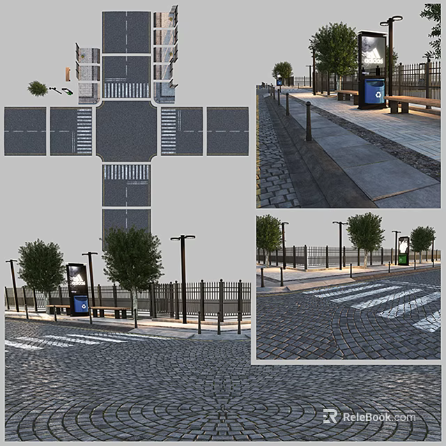Urban Road Facilities With Pavement Street Lamps Benches Trash Bins Trees Fences And Zebra Crossings 3d model 