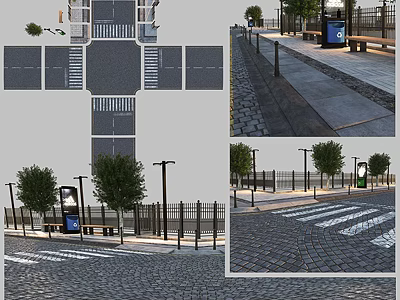 Urban Road Facilities With Pavement Street Lamps Benches Trash Bins Trees Fences And Zebra Crossings 3d model